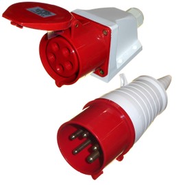 32A Plug and Wall Mount Socket 5 Pin 3 Phase 380-415v Indoor/Outdoor IP44 32 Amp 3P+N+E Red for Power Tools Machinery