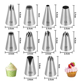 Rayakt Set of 10 professional piping nozzles, large, reusable, large stainless steel piping nozzles, suitable for cakes, cupcakes, churros and doughnuts, can be combined with piping bags.