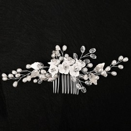 Wedding Hair Accessories for Bride, Silver Flower Leaf Hair Comb, Crystal Beaded Side Comb for Women and Girls