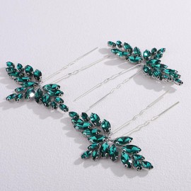 Missgrace Women Silver Red Green Simple Rhinestones Hair Pins Headpiece Bride Wedding Prom Party Hair Accessories for Women Set of 3 (Silver Peacock Green)