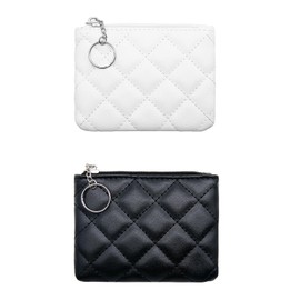 LJCZKA Coin Purse for Women Quilted Leather Mini Pouch Card Holder Top Zipper Coin Wallet Makeup Bag with Keychain (white+black)