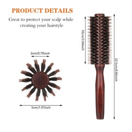 Firtink 1 Pack Boar Bristle Round Brush Round Hair Brush, Wooden Handle Styling Brush Anti Static Quiff Roller Hair Comb for Men and Women, Straightening and Curling, Wet and Dry Hair