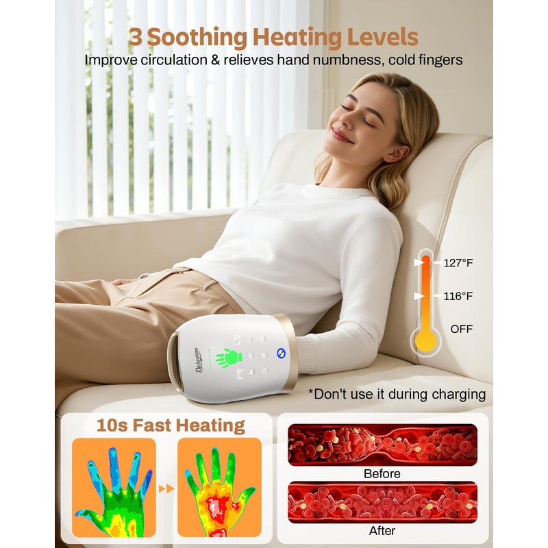 DEJUNPIOOL Hand Massager with Heat and Compression, Finger Stretch &