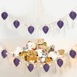 Dremisland Stuffed Animal Toy Net Hammock with Star Light Boho Leaf Macrame Tassel Corner Toy Organizer Bohemian Woven Decor Display Holder for Girls Room Nursery Kids Bedroom Play Room Decor (Purple)