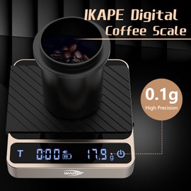 IKAPE Digital Coffee Scale, Premium Aluminium Espresso Scales with Timer, 2kg/0.1g High Precision Rechargeable Drip Espresso Scale with Tare Function, LED Display(Gold)