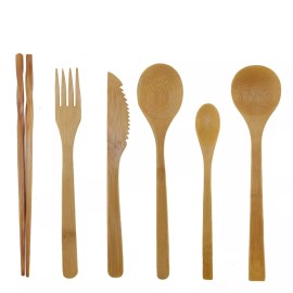 BambooMN Reusable Wooden Bamboo Utensil Set 3 Spoons Fork Knife and Chopsticks - 2 Sets