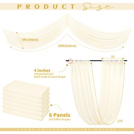 6 Panels Beige Ceiling Drapes for Wedding Ceiling Drapes 5ftx20ft Wedding Arch Draping Fabric Sheer Curtains Voile Chiffon Drapery Draping Decorations for Party Ceremony Stage