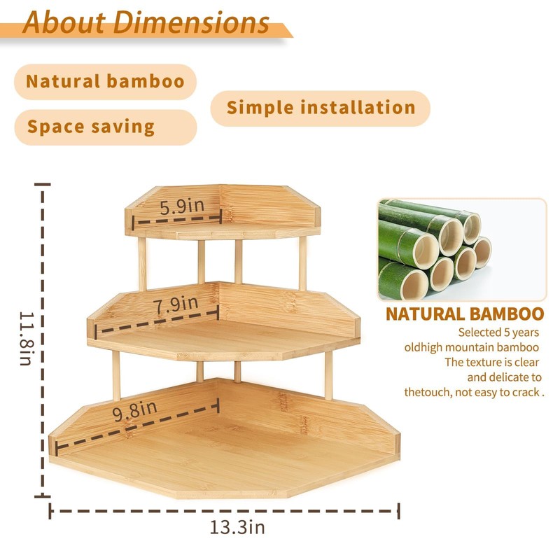 HYNAWIN Bamboo Corner Desk Organizer Shelf, 3-Tier Triangle Storage Rack