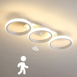 LED Ceiling Light with Motion Sensor Modern Hallway Ceiling Light with Sensor White Ring Design Ceiling Lighting for Stairs Living Room Balcony Kitchen Garage Porch Office Lamps (3000K)