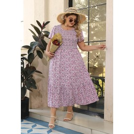 Nemidor Plus Size Womens Casual Maxi Dress Summer Ruffle Sleeve Ditsy Floral Print Boho Long Dresses with Pocket 16-26 (593,22,LightpurplePrint)