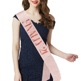"Finally 21" Sash & Rhinestone Tiara Set - 21st Birthday Gifts Birthday Sash for Women Fun Party Favors Birthday Party Supplies (Gold Glitter with Rose Gold Lettering)