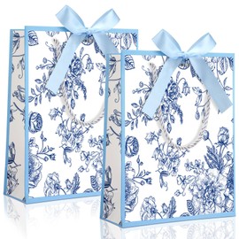 Kolldenn 24 Pcs Floral Thank You Gift Bags with Handles 9"x7"x3.15" Elegant Paper Gift Bags with Bow Ribbon for Wedding Birthday Baby Shower Bridesmaid Party(Blue)