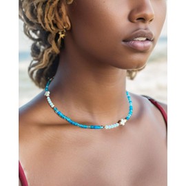 XHUUU Boho 4mm Agate/Shell Beaded Necklaces for Women Trendy Cross Charms Necklace Summer Surfer Beach Jewelry (Ocean Agate)