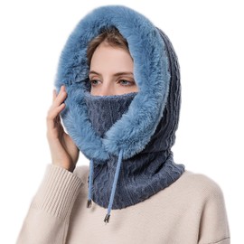 Women Winter Beanie Hats,One Piece Slouchy Warm Fleece Hooded Scarf Winter Balaclava Pullover Knitted Hat Mask Set Navy