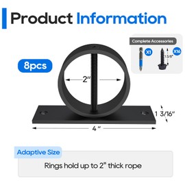 Coliwel 8packs 2inch Black Rope Support Holder with Cross Screw Securing Rope Drop Ring Brackets Stainless Steel Decorative for Hemp Rope Fencing Stair Deck Railing Ceiling Hook