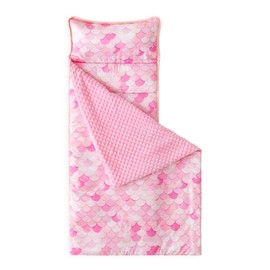 Wake In Cloud - Toddler Nap Mat with Pillow and Minky Fleece Blanket, for Kids Girls Ages 3 Plus in Daycare Preschool Kindergarten, Roll Up Sleeping Bag, Mermaid Scales, Pink, Standard