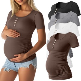 Sweetyweee 4 Pack Womens Maternity Shirts Scoop Neck Cotton Short Sleeve Ribbed Pregnancy Top Henley Side Ruched Mama Clothes(Black, White, Light Gray, Coffee,Medium)