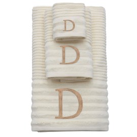 COTTON CRAFT Monogrammed 3 Piece Towel Set - 100% Cotton - Plush 600 GSM Sculpted Ribbed Super Zero Twist Bathroom Set - 1 Each of Bath, Hand, and Wash Towels - Soft Absorbent Luxury - Ivory D