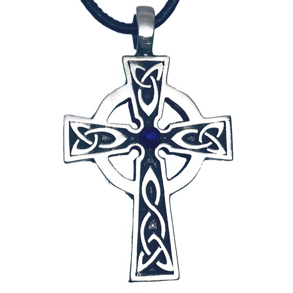 Colgante de peltre con cruz celta de Gales irlandeses sobre cuero con cristal de Swarovski azul cobalto, cumpleaños de septiembre