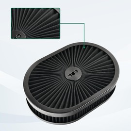 BIGREAT 12''X2'' Oval Super Flow Air Cleaner Filter Assembly 5-1/8" Carb Neck Washable and Reusable Replacement V8 Air Cleaner Compatible With GMC Chevy Ford Chryler Dodge Black