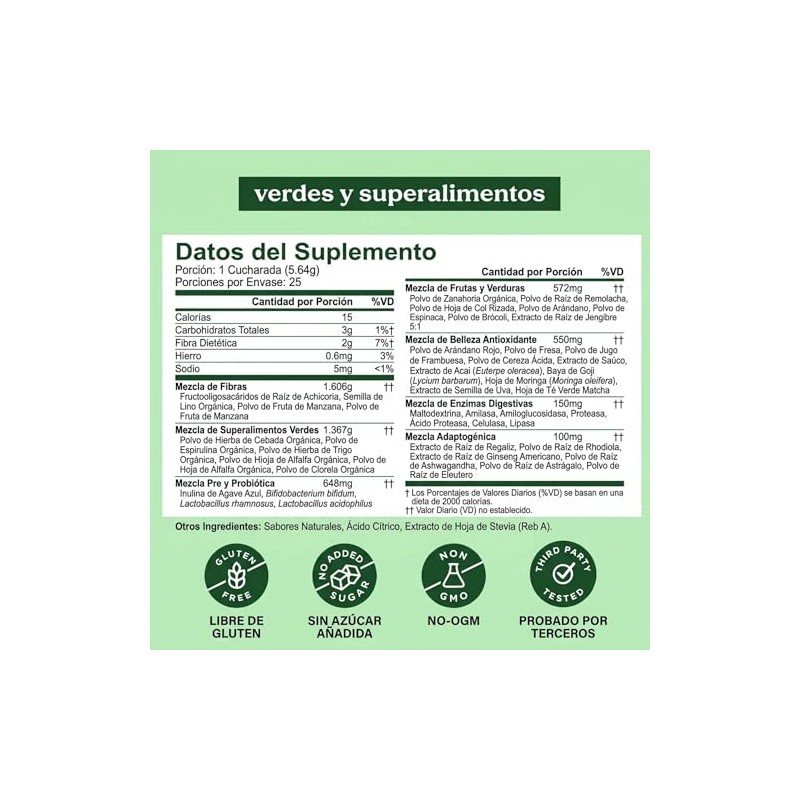 Bloom Nutrition Super Greens Polvo Jugo Verde Suplemento Probióticos Prebióticos