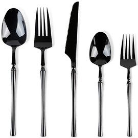 Infinity Flatware Deluxe Black Combo - 40 Count | Premium Disposable Plastic Cutlery Set with 8 Dinner Forks, 8 Salad Forks, 8 Knives, 8 Soup Spoons, and 8 Teaspoons
