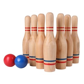 STERLING Sports Premium Wooden Lawn Bowling Skittles Set 11" Pins with Carrying Mesh Bag - 10 Heavy Solid Wooden Pins and 2 Balls - for Indoors and Outdoors