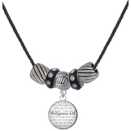 Delight Jewelry Silvertone Domed Philippians 4:13 Black Beaded Necklace, 18"+2"