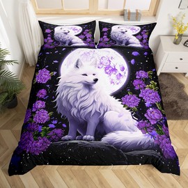 Cute Fox Duvet Cover Set Twin Size,Moon Starry Sky Night View Bedding Set Vintage Purple Flower Comforter Cover for Kids Girls Boys Woman Room Decor Nature Animals Plants Quilt Cover,1 Pillowcase