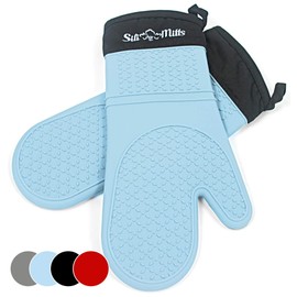 Silicone Oven Mitts Heat Resistant 500 Degrees - 2 Extra Long Silicone Oven Mitt Pot Holders - Food Safe Oven Gloves - BPA Free - Soft Inner Lining - (Blue) - Frux Sili Mitts