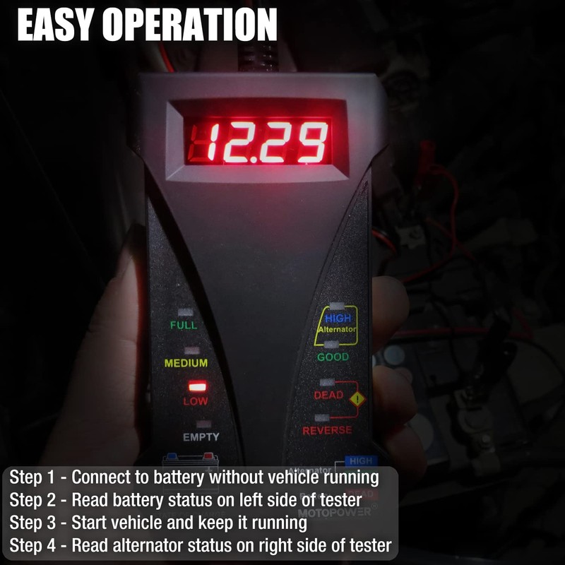 MOTOPOWER MP0514C 12V Digital Battery Tester Voltmeter and Charging System