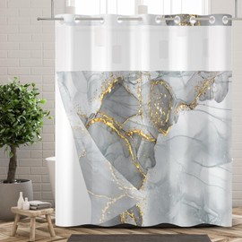Ttincceer Hookless Shower Curtain with Snap in Fabric Liner Grey Gold Marble No Hooks Shower Curtains Waterproof Luxury Double Layer Bathroom Curtain with See Through Top Window 180 x 218 cm
