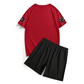 VIPWOLF - Conjunto de 2 piezas para hombre, diseño de letras con números y pantalones cortos para correr en la cintura con cordón, Rojo y Negro, Medium