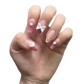 PIVHWIR Press On Nails,Reusable Glitter Glossy Fake Nails, Ombre False Nails, White Heart Press On Nails, Stick On Nails, Short Fake Nails-29 Pcs Nail Kit with Nail Glue