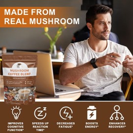 Mushroom Coffee,Mushroom Coffee Organic (Lion’s Mane, Cordyceps, Shiitake, Reishi,Turkey Tail & Other) Mushroom Coffee Blend Support Gut, Energy, Focus, Brain Heath