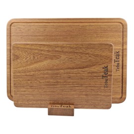 TebuTeak Solid Teak Wood Cutting Board Set - Single/One Piece Design Wooden Choping Boards Non Glued Knife-Friendly Durable Chopping Block for Kitchen Meat 15 x 10.5 IN & 12 x 8 IN (Includes Stand)