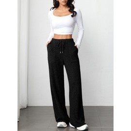 Aleumdr Womens Ribbed Wide Leg Lounge Pants with Pockets Casual Baggy Relaxed Comfy Flowy Loose Soft Lightweight Knit Pajama Sleep Pants with Drawstring for 2025 Fall Black X-Large