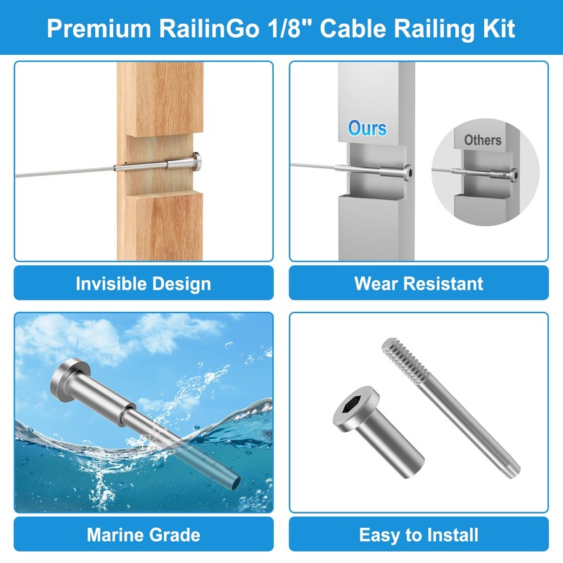 RailinGo 50Pack 1/8" Invisible Cable Railing Kit, T316 Stainless Steel
