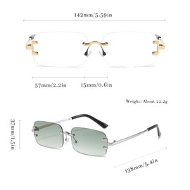 Hviomru Rimless Rectangle Sunglasses for Women Men Fashion Trendy Small Narrow Rectangle Sunglasses, Silver/green gradient