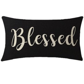 Nice Gift Inspirational Blessed Letters Words Waist Lumbar Black Cotton Linen Throw pillow case Cushion cover for Sofa home decorative Oblong 12x20 Inches