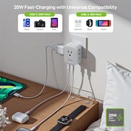 EPICKA Hybrid Wall Charger 8 Outlet Multi Plug Wall Outlet Extender with 4 USB Ports(2USB C PD 20W), No Surge Protecter Fast Charging Electric Folderable Expander for Cruise, Travel, Dorm, Home, White