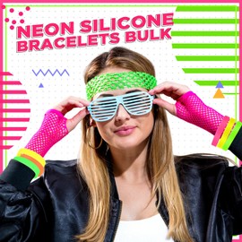 Foilswirl 48 Pcs 80s 90s Neon Rubber Bracelets, Color Silicone Wristbands Sport Silicone Bracelet Blank Stretch Rubber Wristbands Bulk for Women Men Colored Accessories Party Favor(Solid Color)