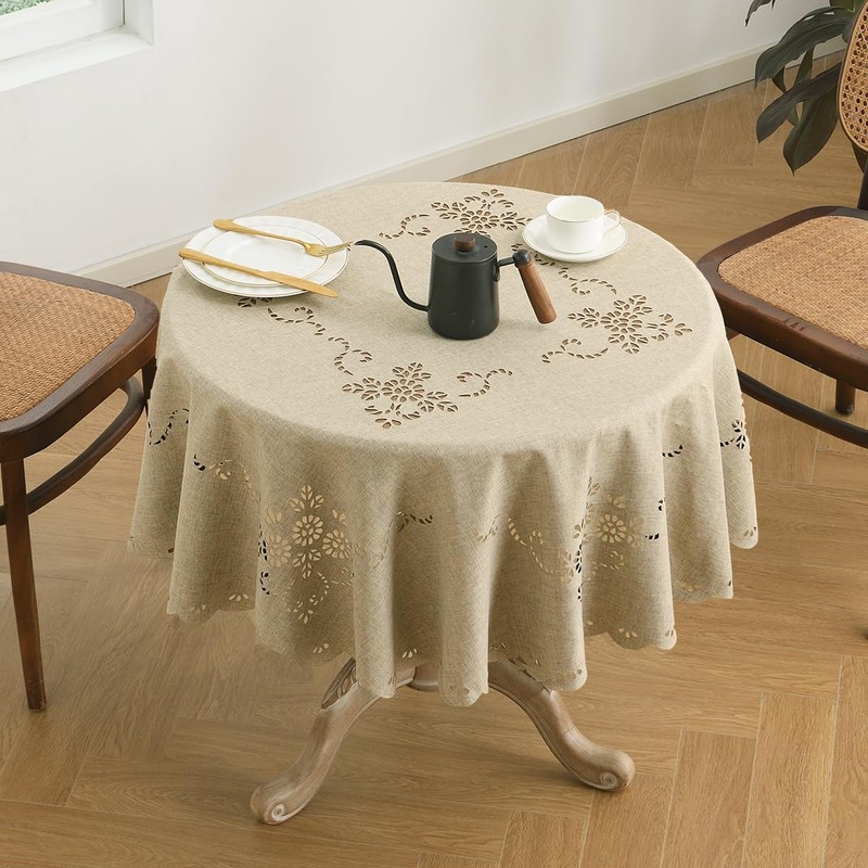 Wracra Macrame Waterproof Table Cloth, Farmhouse Linen Style Round Table