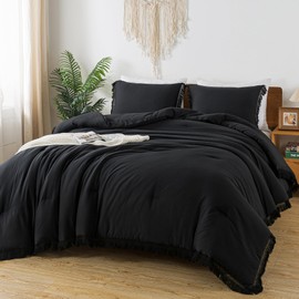 Andency Black Comforter Set King Size, 3 Pieces Boho Tassel Lightweight Bedding Comforter Sets for King Bed, All Season Soft Fluffy Fringe Bed Set (104x90In Comforter & 2 Pillowcases)