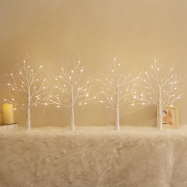 Birch Tree with LED Lights Set of 4, Lighted Birch Tree Battery Powered/USB, 24 LED Warm White Tree, 2FT Small Flickering Christmas Tree Decor for Indoor Home Mantel Winter Christmas Decorations