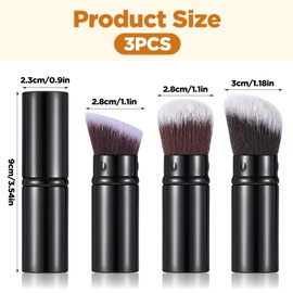 3pcs Retractable Kabuki Makeup Brush, Travel Powder Foundation Brush,Angled Face Blush Brushes with Cover for Blending Liquid, Sunscreen, Bronzer, Buffing,Flawless Cosmetics
