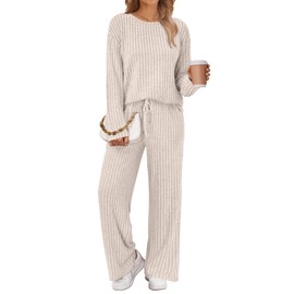 LILLUSORY Womens Lounge Sets 2 Piece Matching Pajamas Fall Fashion 2025 Ribbed Knit Outfits Long Sleeve Casual Sweatsuits Trendy Plus Size Sweaters Cute Sleep Wears Travel Soft Clothes Apricot M