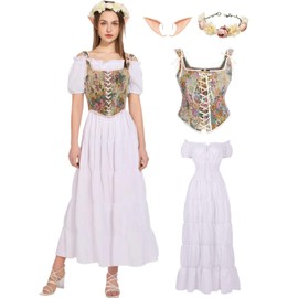 kasahara White Renaissance Dress Costume Women with Floral Overbust Corset Top Medieval Ren Faire Costume L