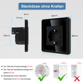 CNBINGO Single Socket with 2 x USB Ports (Max. 2.1 A, Type C and USB-A) - Simple Schuko Socket Flush-Mounted with 2.5D Curved Glass Plate - Wall Socket with Child Lock - 1 Compartment Black
