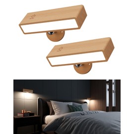 YiLaie Wall Sconces Battery Operated Set of Two,Rechargeable Wall Lamps for Bedroom,Wall Lights Wireless Dimmable,Wood Wall Sconce with 360 Rotation,Peel and Stick Wall Sconces for Bedroom Bedside